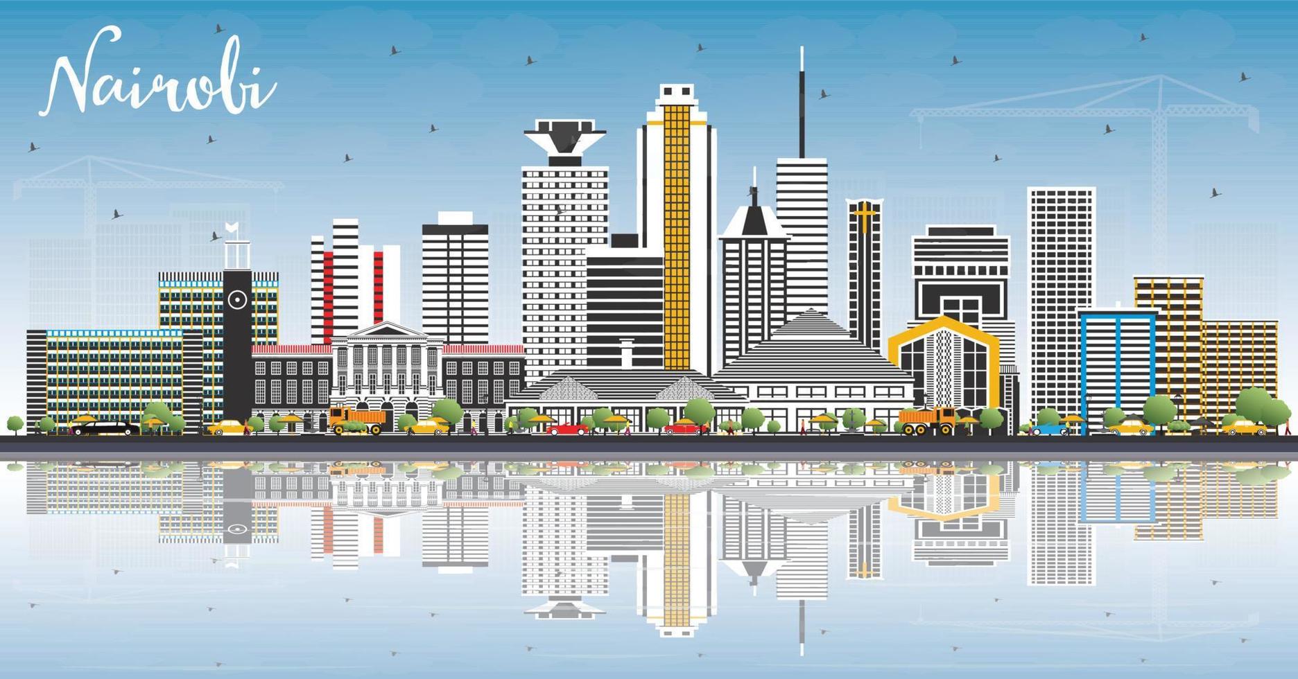 Nairobi Kenya City Skyline with Color Buildings, Blue Sky and Reflections. vector