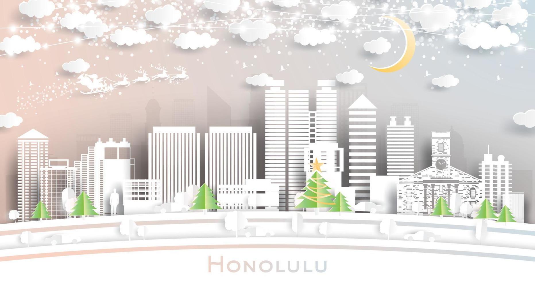 horizonte de la ciudad de honolulu hawaii en estilo de corte de papel con copos de nieve, luna y guirnalda de neón. vector