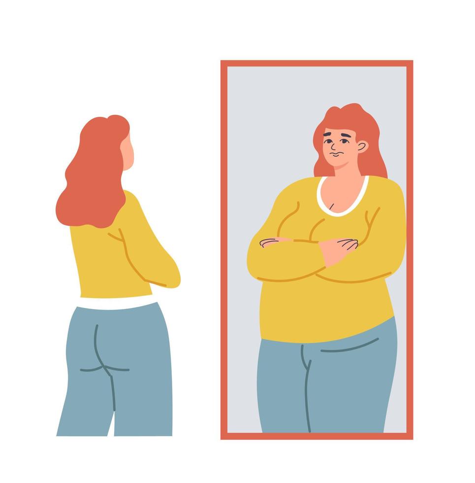 Low self esteem of woman, overweight reflection vector