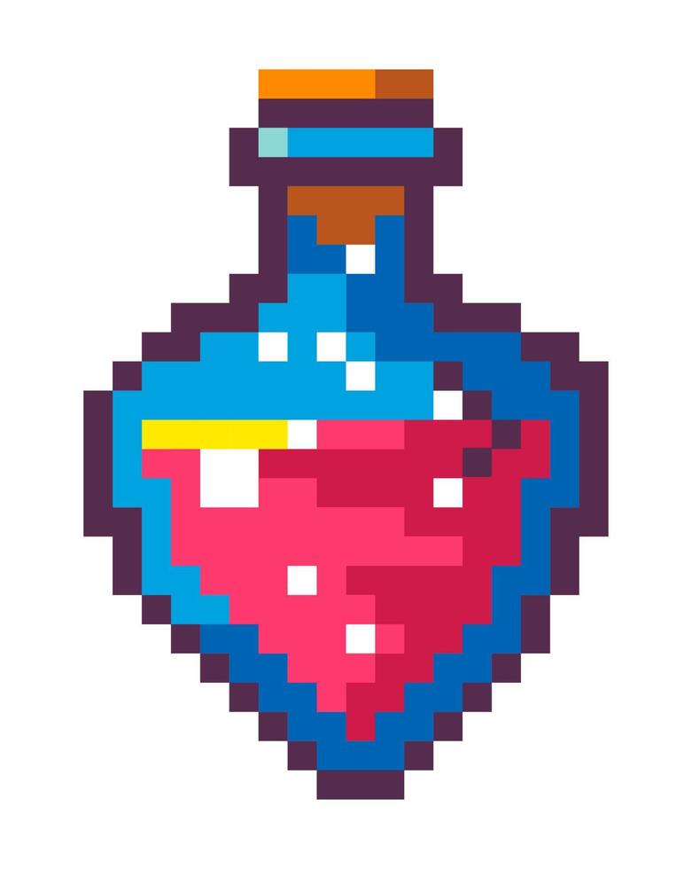 Pixelated vial with magic potion, flask with brew vector