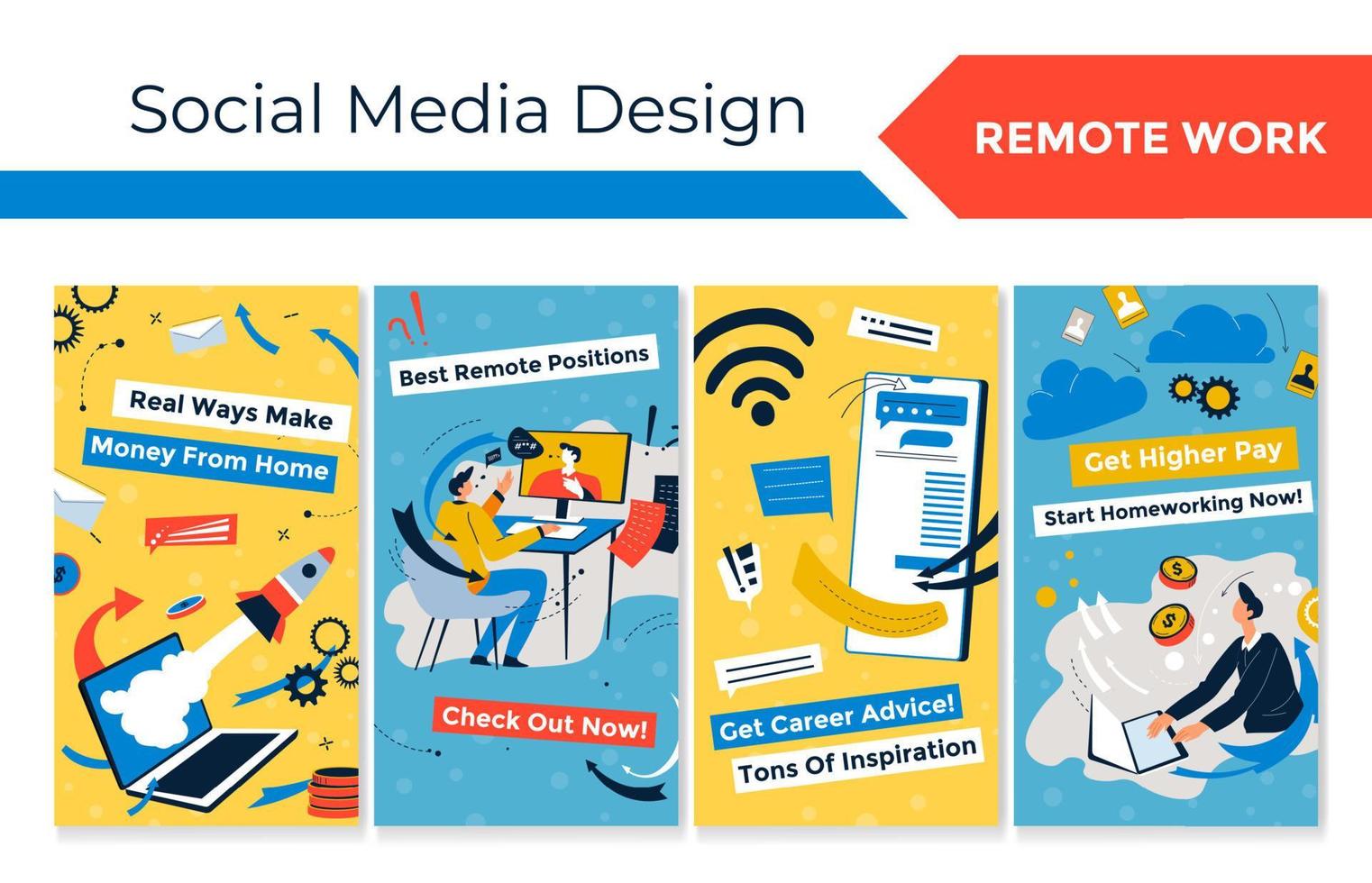 Social media web story page set with remote work vector