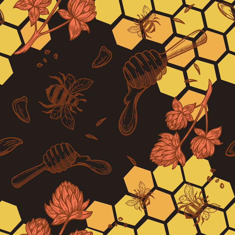 Beekeeping and producing honey, seamless pattern vector