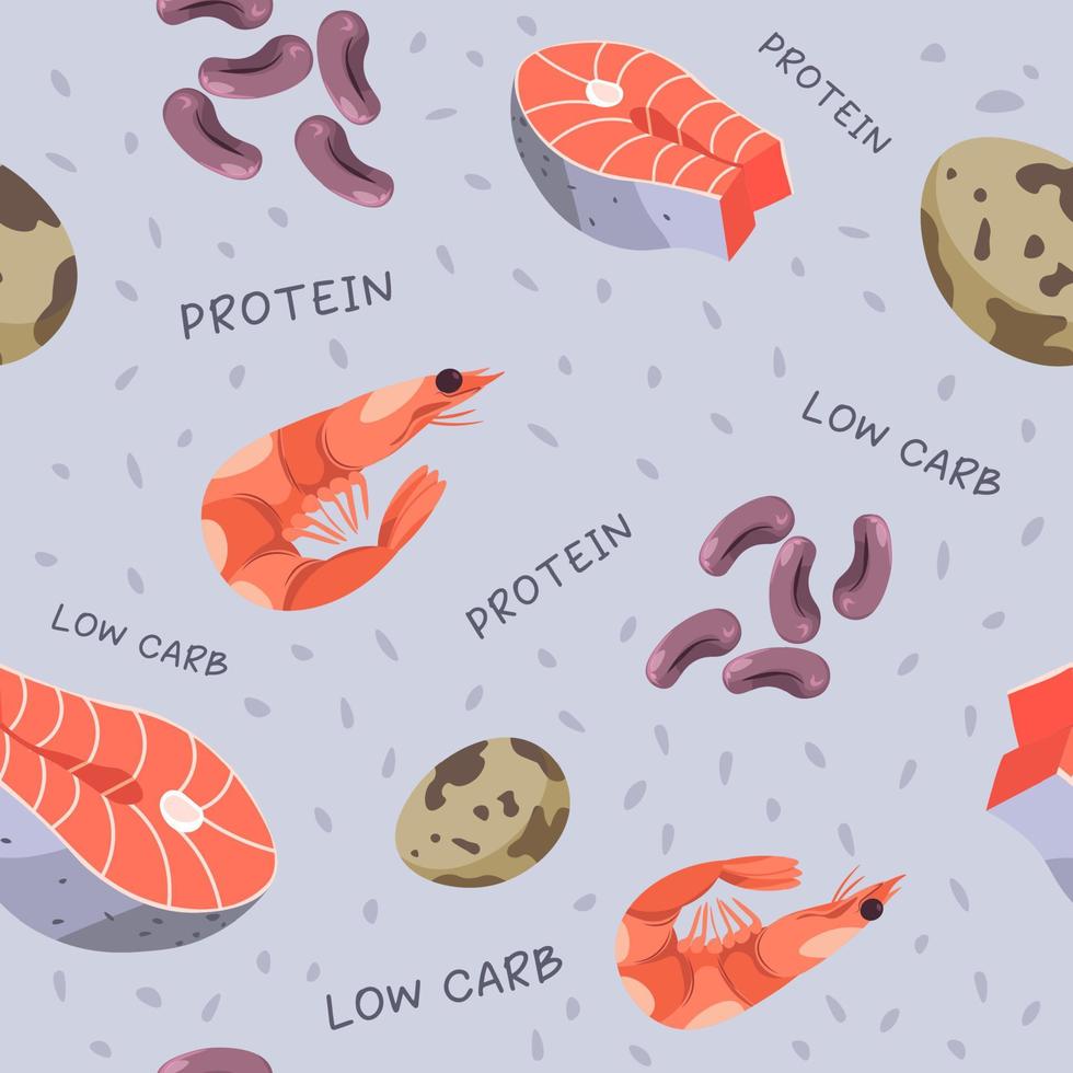 proteína y alimentos bajos en carbohidratos, gambas y frijoles impresos vector