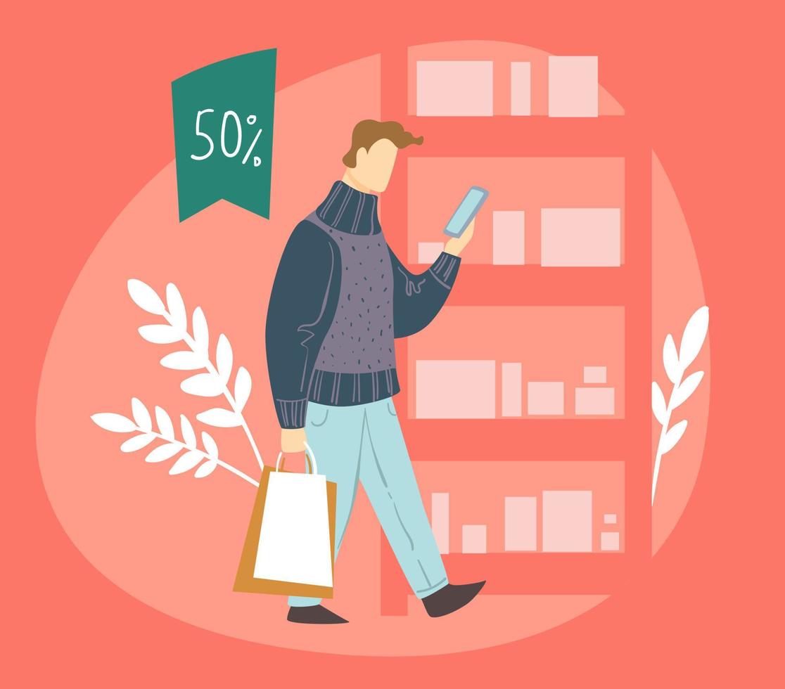 Sale in online shop, man with smartphone browsing vector