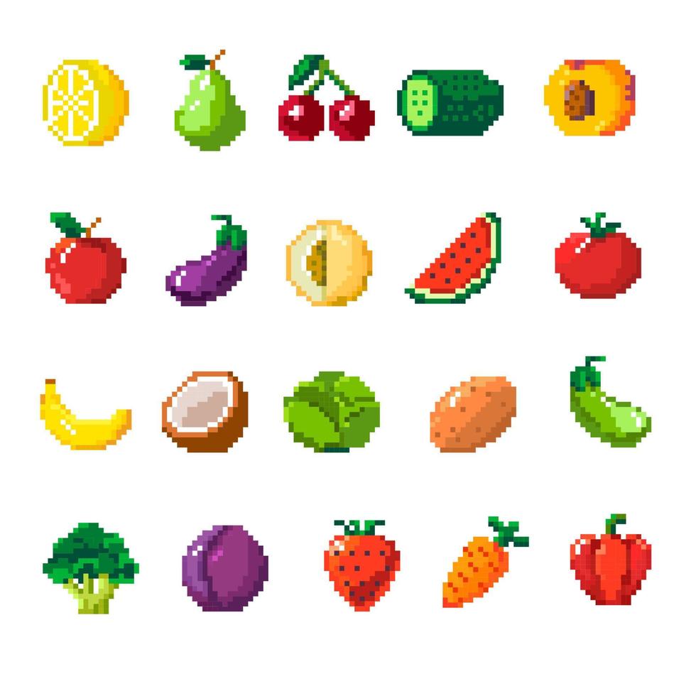 Pixelated fruits and vegetables, veggies vector