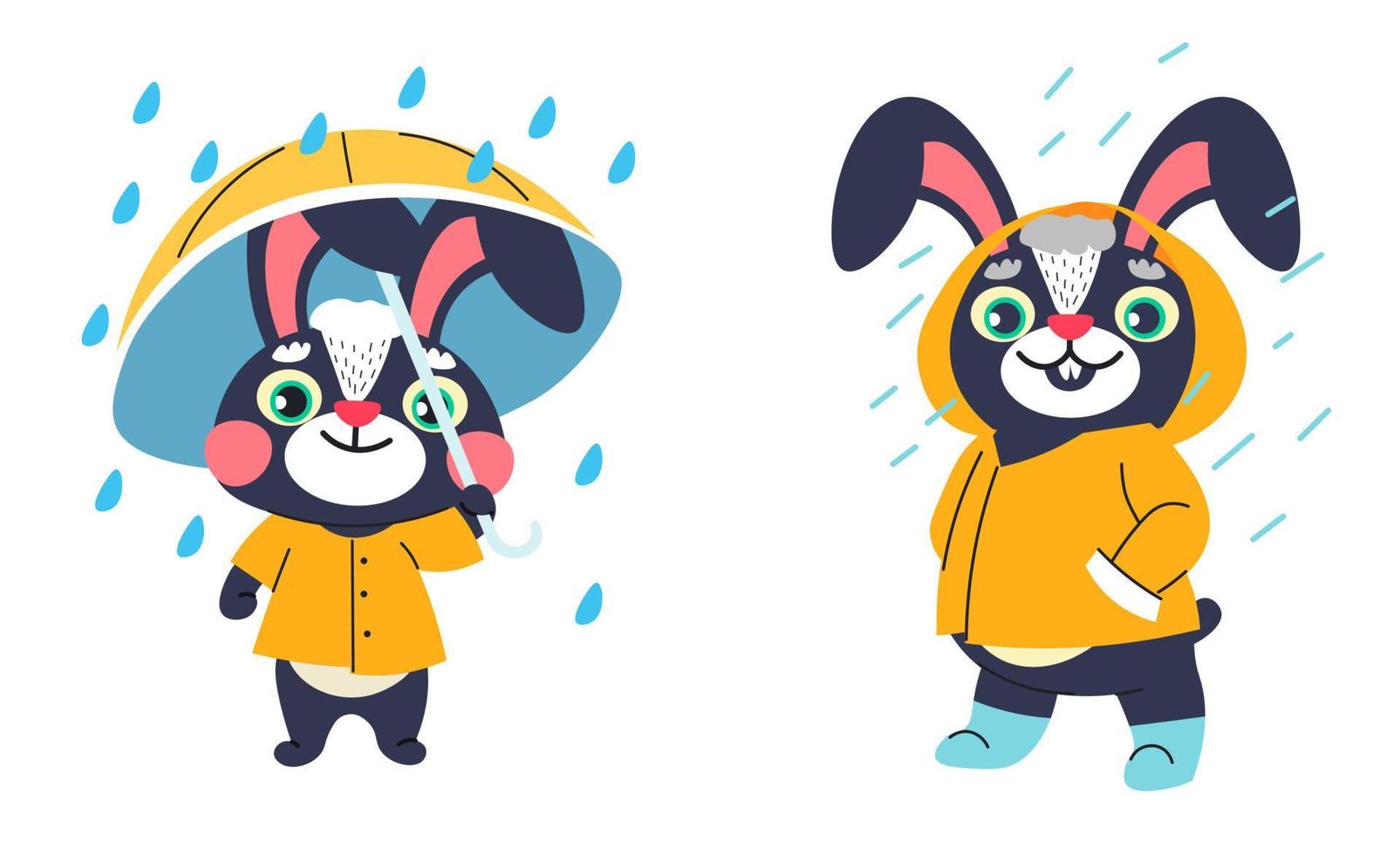 Rabbit wearing raincoat standing under rainfall vector