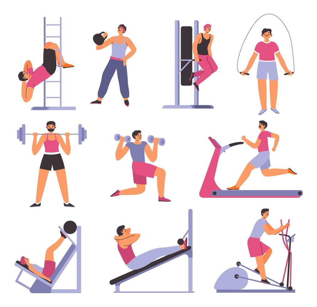 Gym working out and training, fitness exercises vector