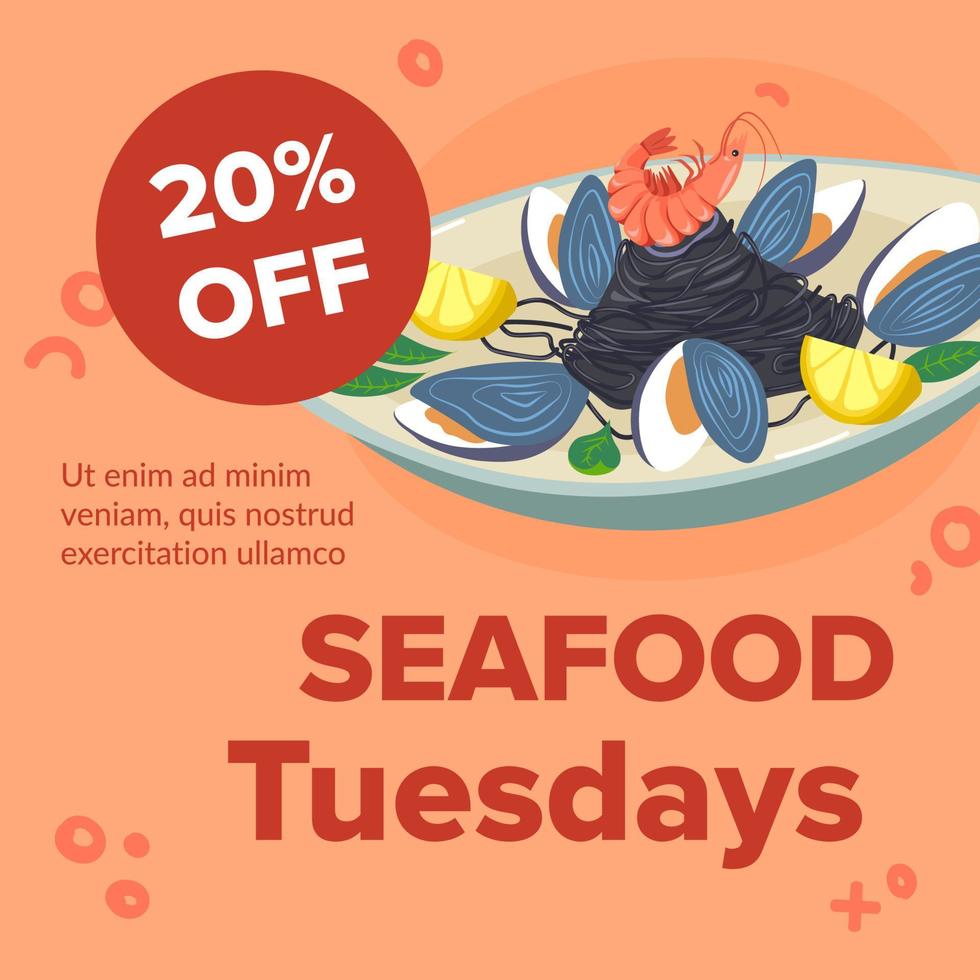 Seafood tuesdays, mussels and lemon banner vector