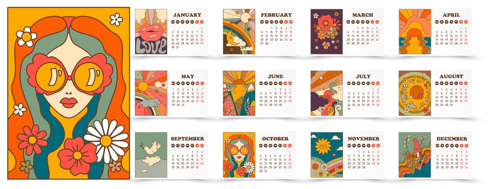 calendario elegante con diseño de dibujos animados de impresiones únicas vector