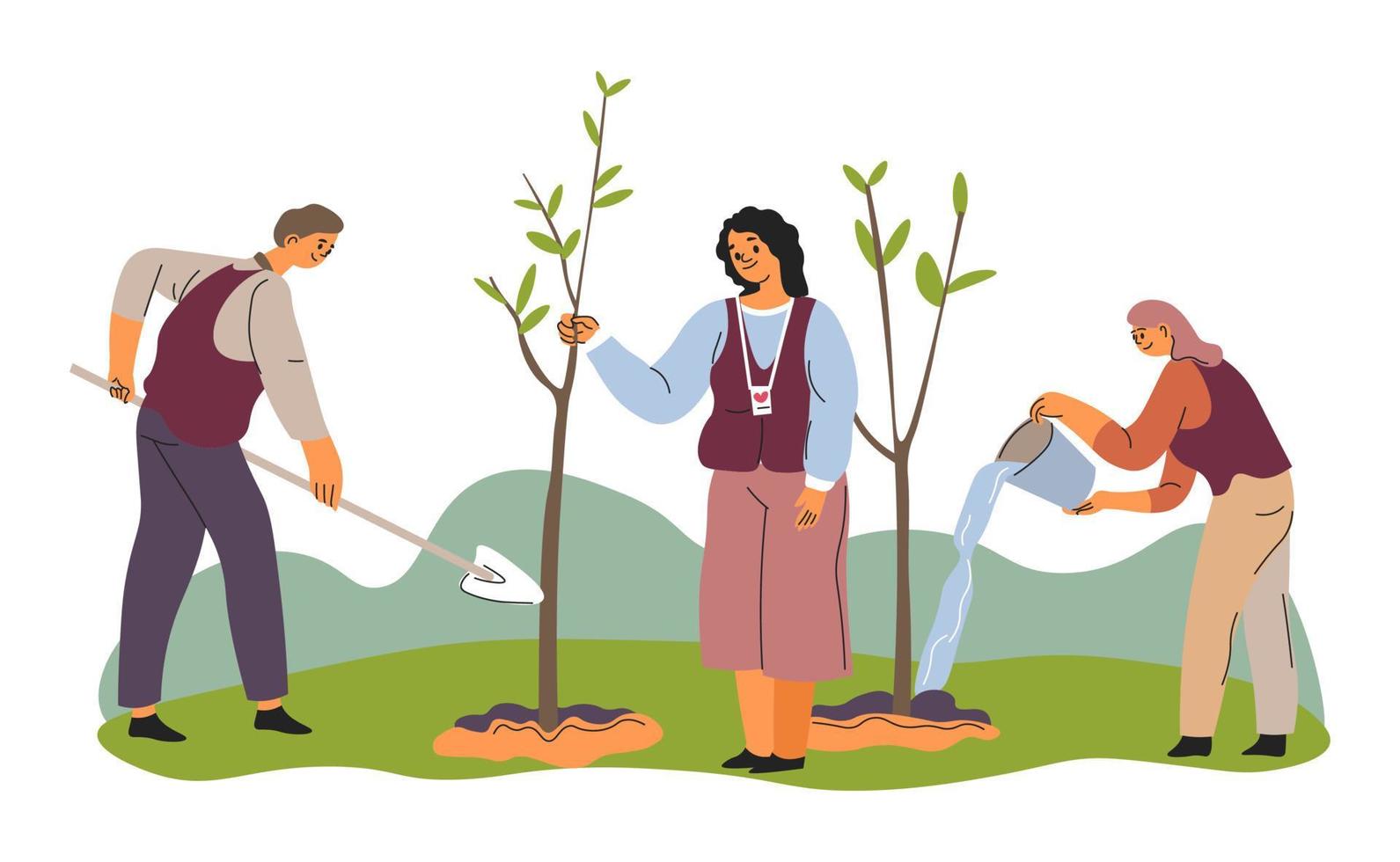 voluntarios plantando árboles, ecología y cuidado de la naturaleza. vector