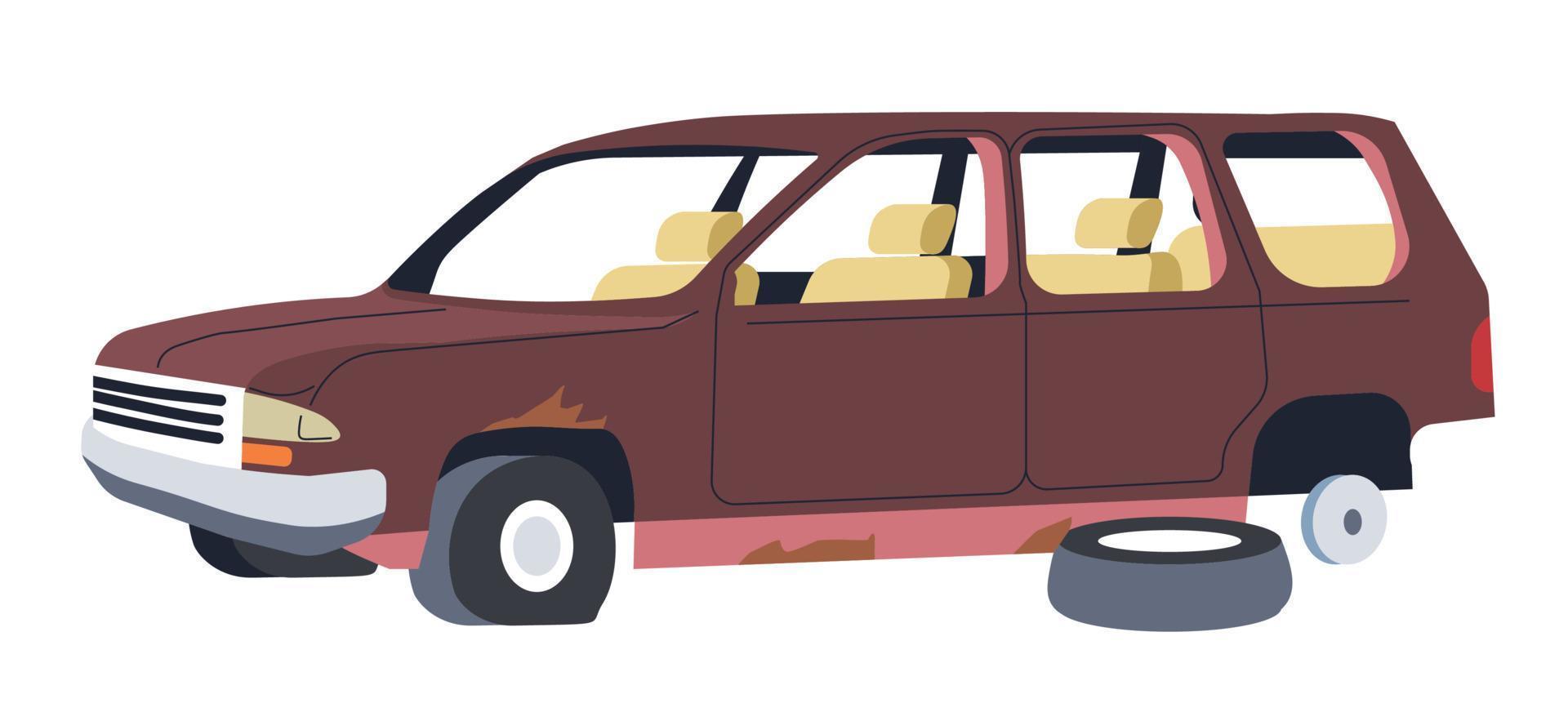 Damaged and outdated car with broken parts vector