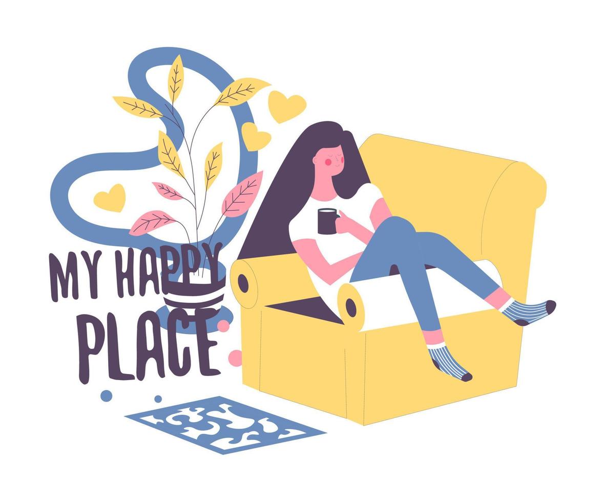 My happy place, woman with cup of tea on sofa vector