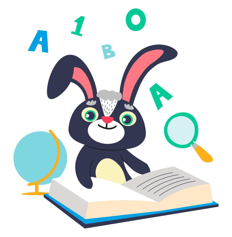 Rabbit learning and reading book, personage vector