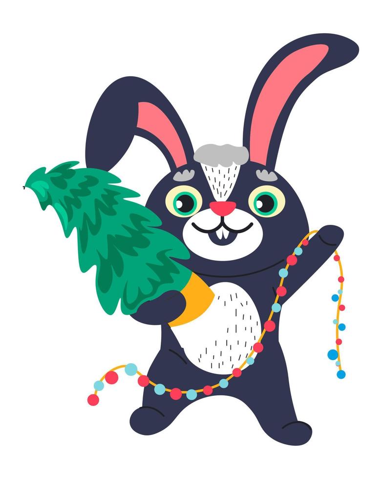 Bunny character with Christmas tree and garlands vector