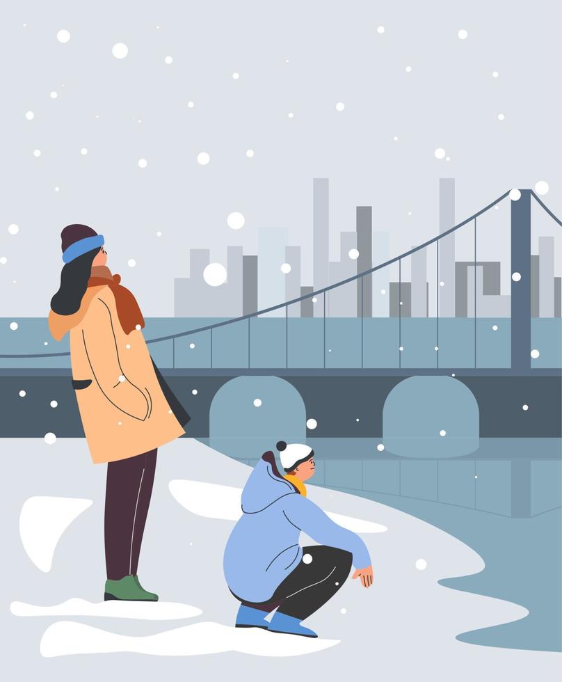 People looking at frozen lake or river in winter vector