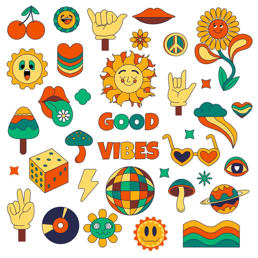 stickers y emoticonos hippies, solo buena onda vector