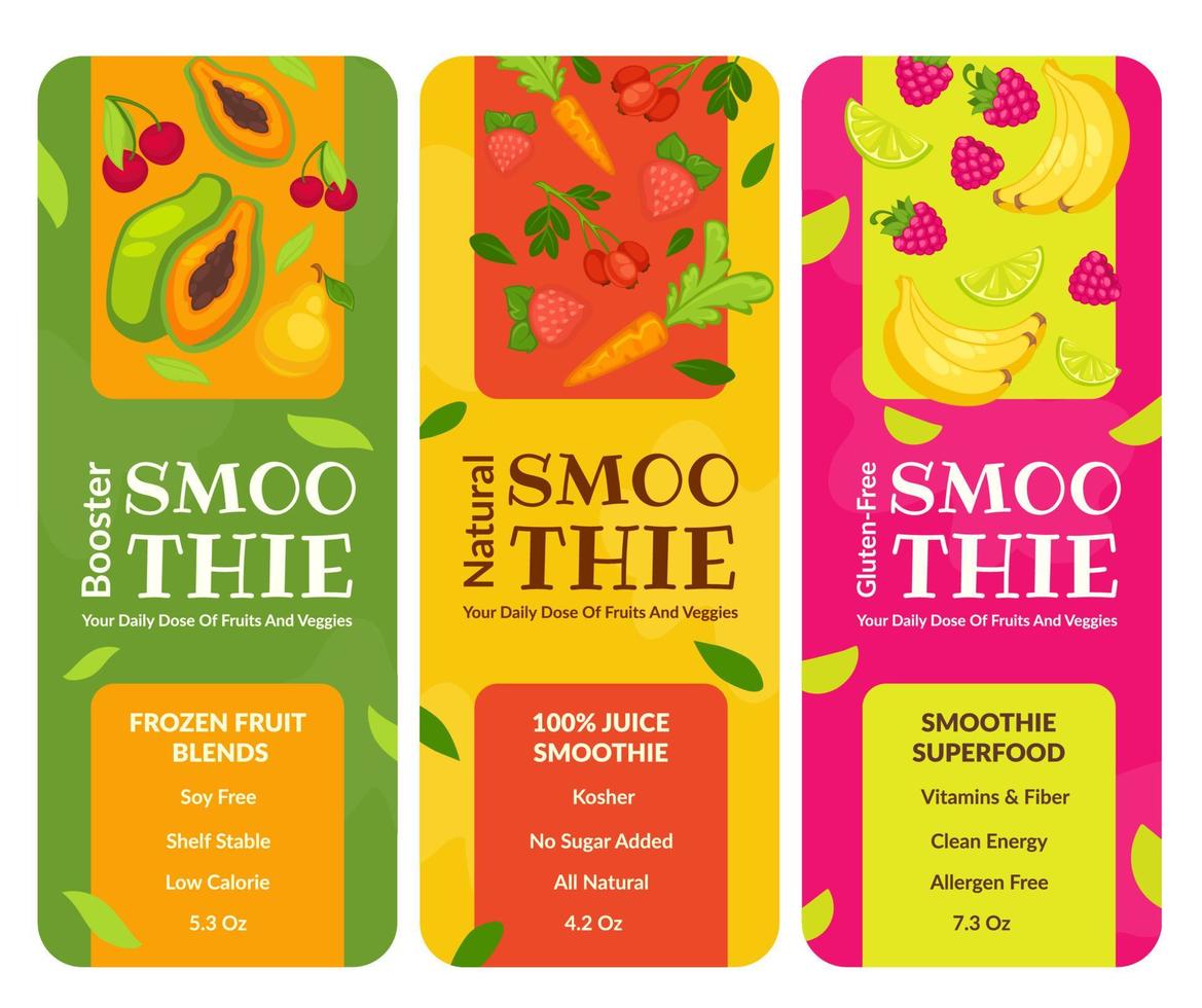 Smoothie labels for packages, organic products vector