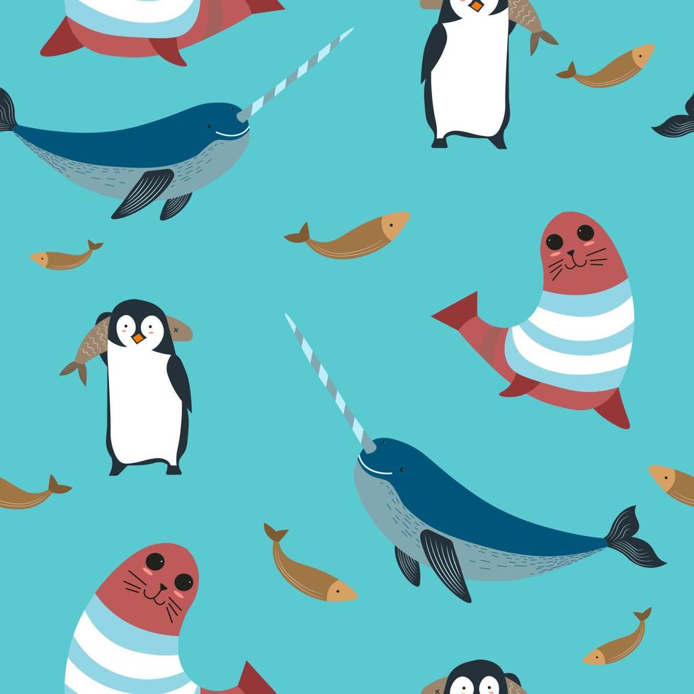 Marine animals, penguin and sea lion patterns vector
