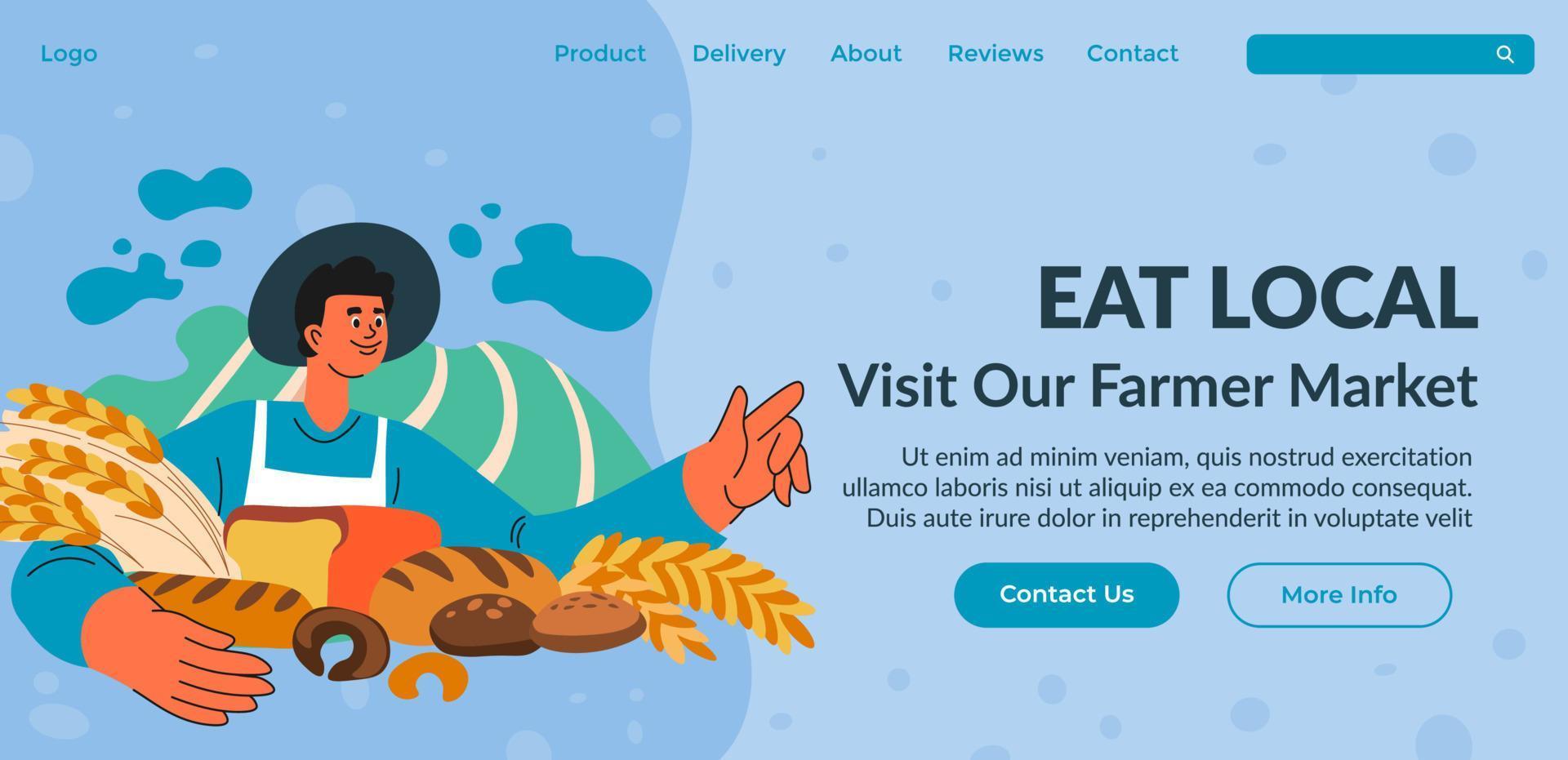 Eat local, visit our farmer market, website page vector