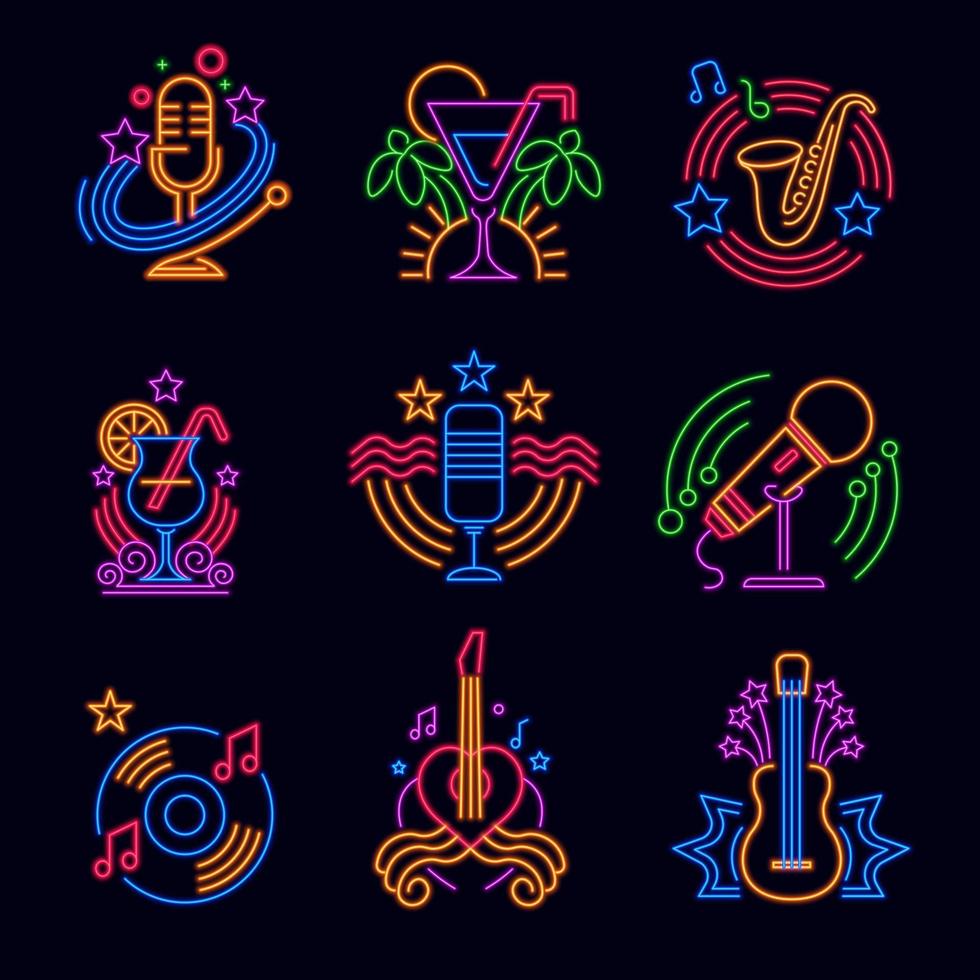 Neon emblems and signs with guitar and cocktail vector