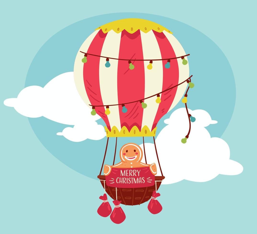 Merry Christmas, hot air balloon with gingerbread vector