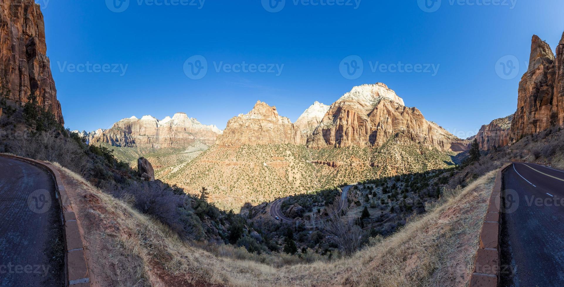 Panoramic picture from Zion Scenic drive viewpoint in winter photo