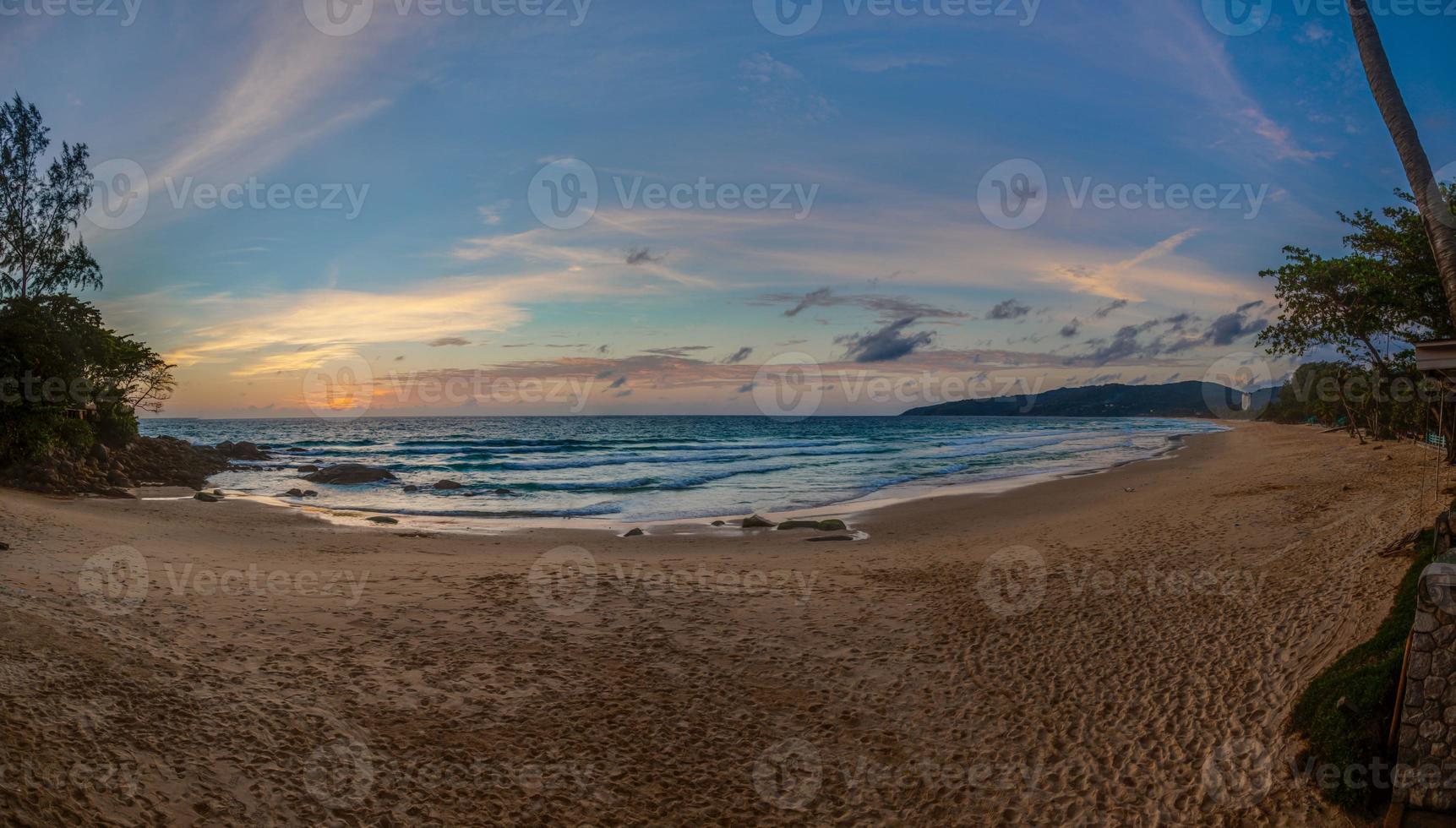 Panoramic picture of empty Kamala beach on Phuket in Thailand during sunset in summer photo