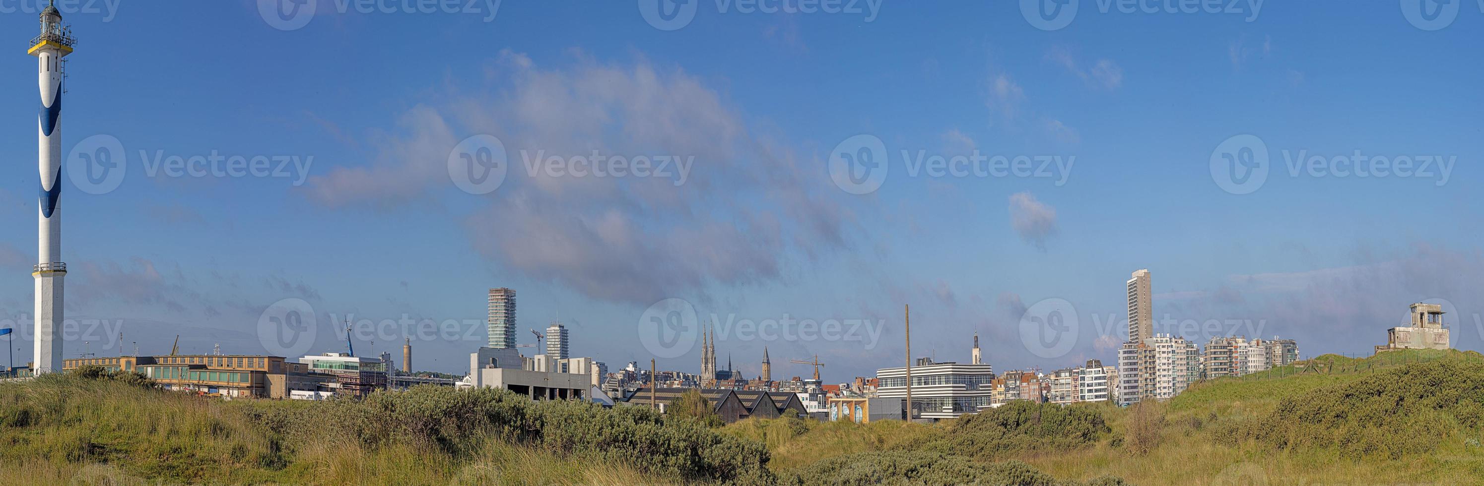 Drone panorama over the harbor and skyline of the Belgian city of Oostende photo