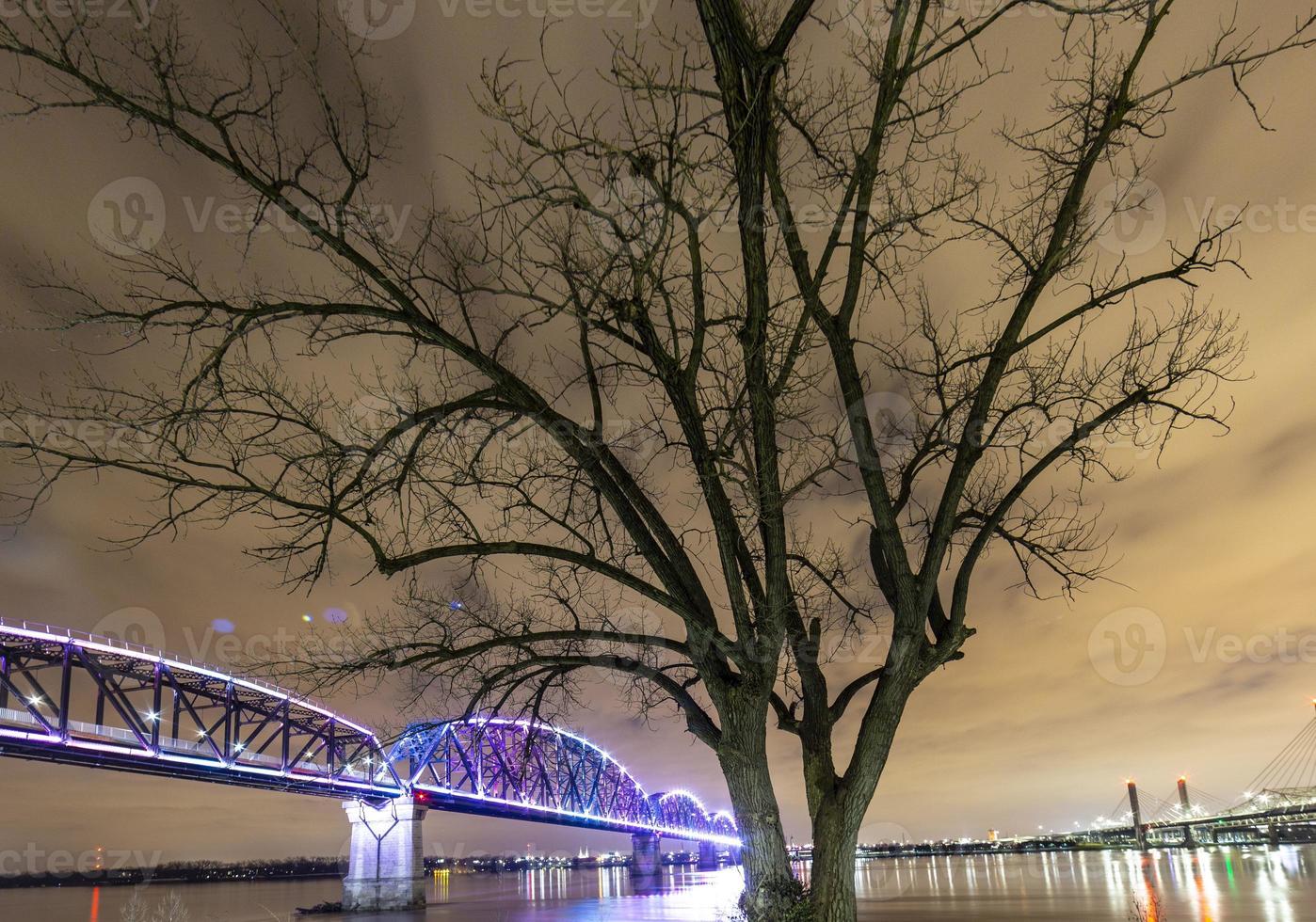 View on Big Four Bridge and Ohio river in Louisville at night with colorful illumination in spring photo