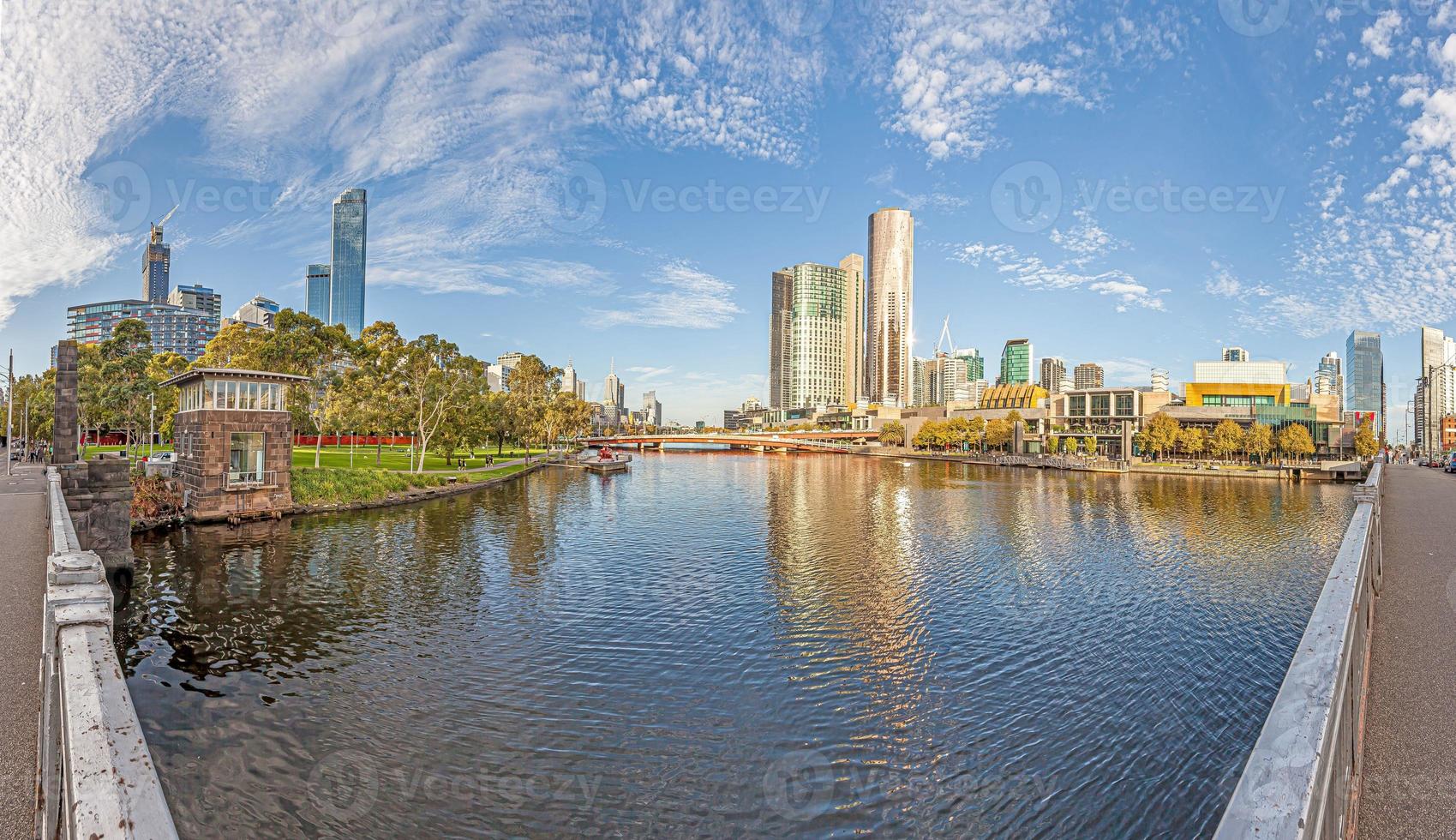 Panoramic view of Melbourne skyline taken from a bridge over the Yarra river photo