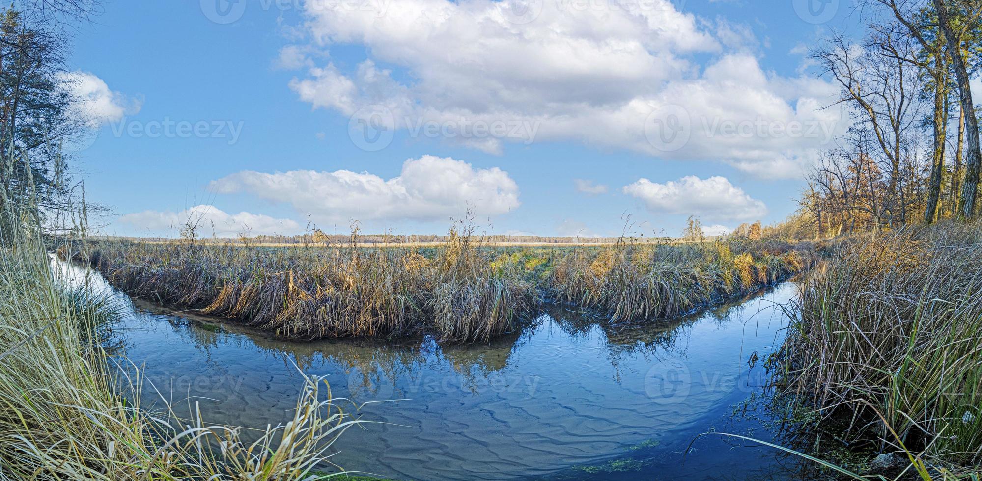 imagen panorámica de un arroyo natural frente a una gran pradera bajo el sol foto