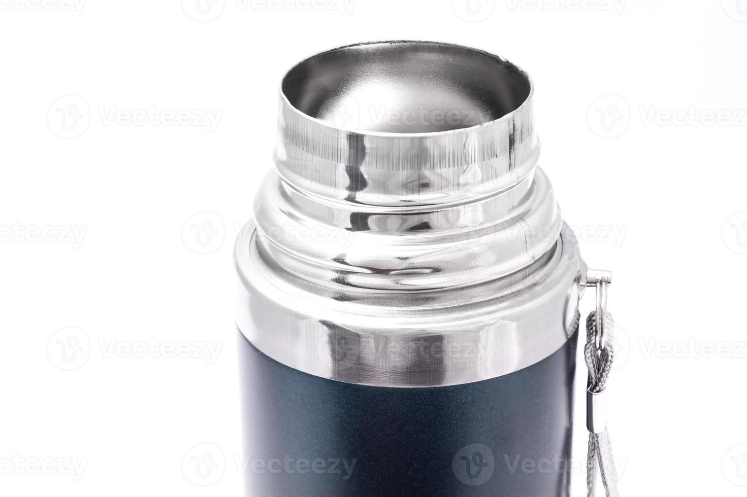 open neck of a dark blue thermos on a white background photo