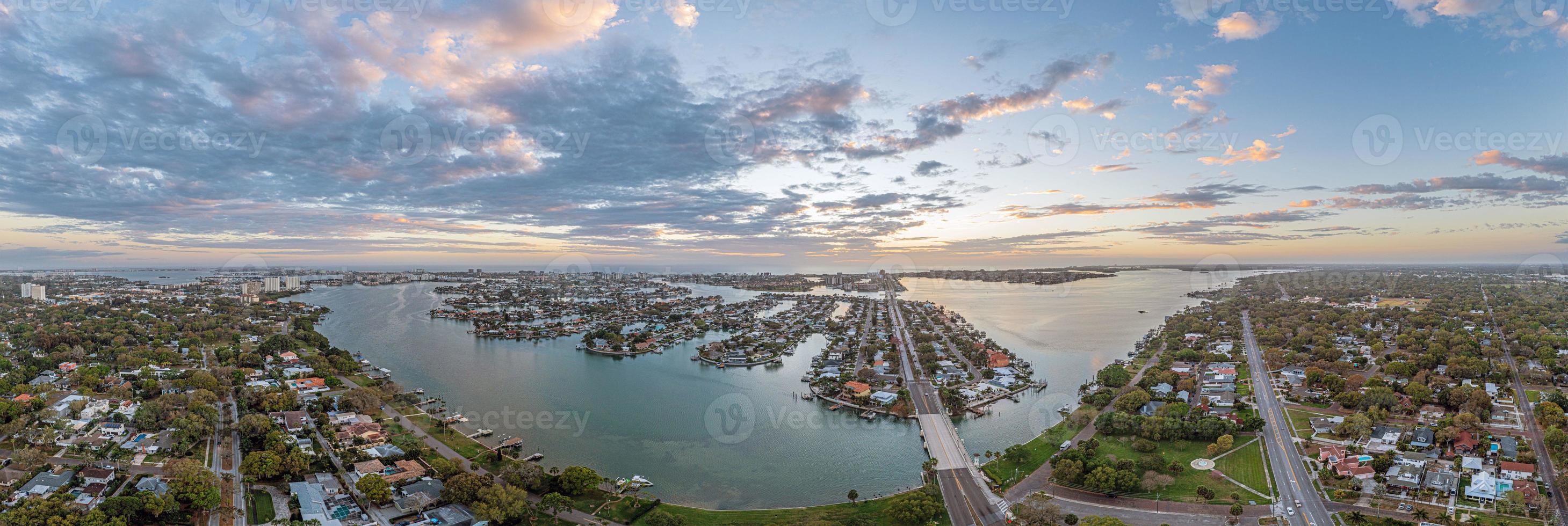 Drone panorama over South Causeway Isles and Treasure Island in St. Petersburg in Florida during sunset photo