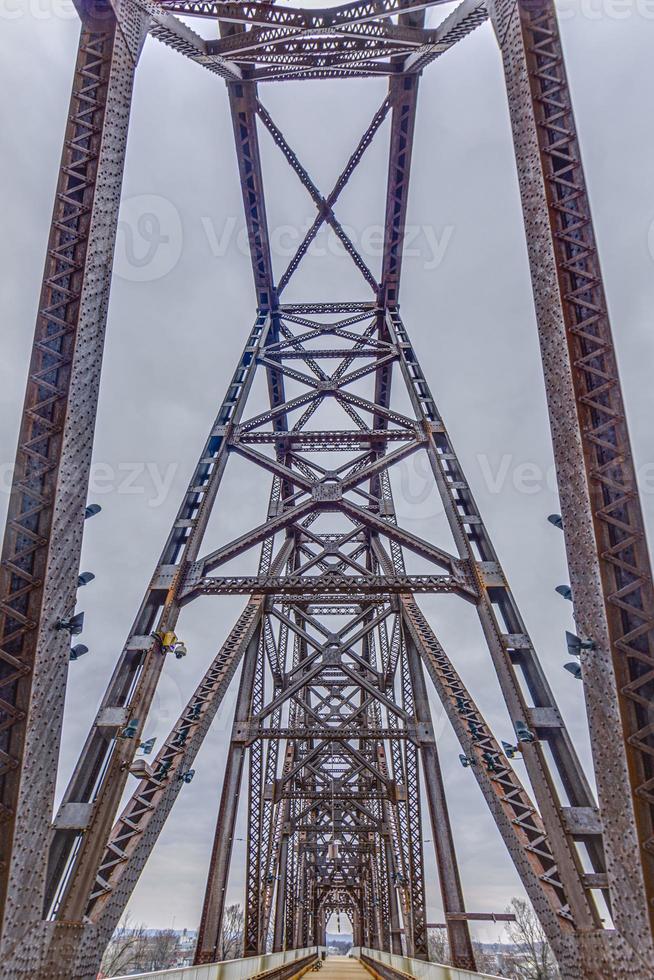 Close up picture of the impressive steel frame structure of the Big Four bridge in Louisville during daytime photo