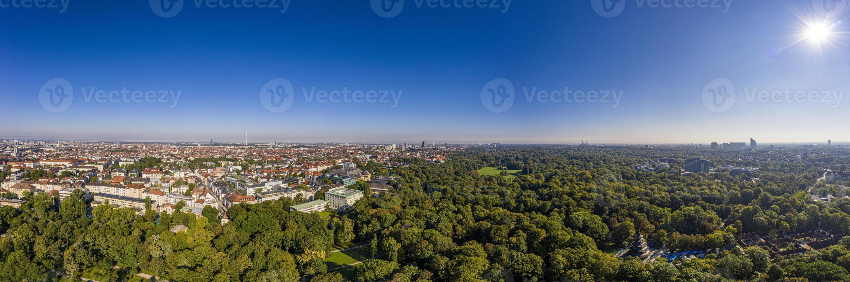 Panoramic aerial drone picture of Munich taken from English garden in the morning time photo