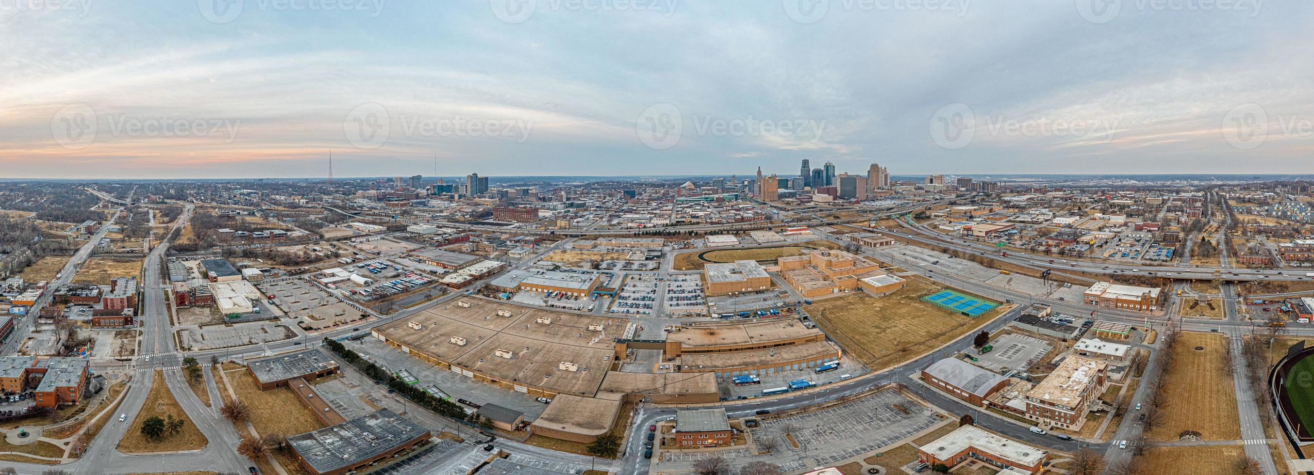 Drone panorama of Kansas City skyline during sunrise photo