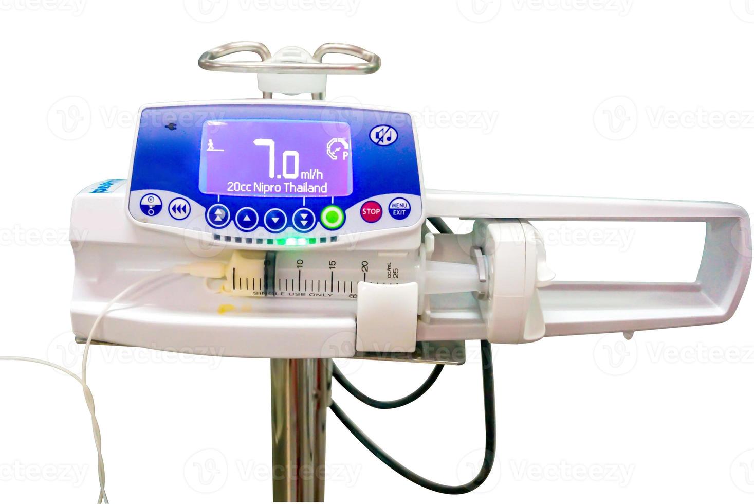 closeup and crop Syringe pump machine isolate on white background. photo