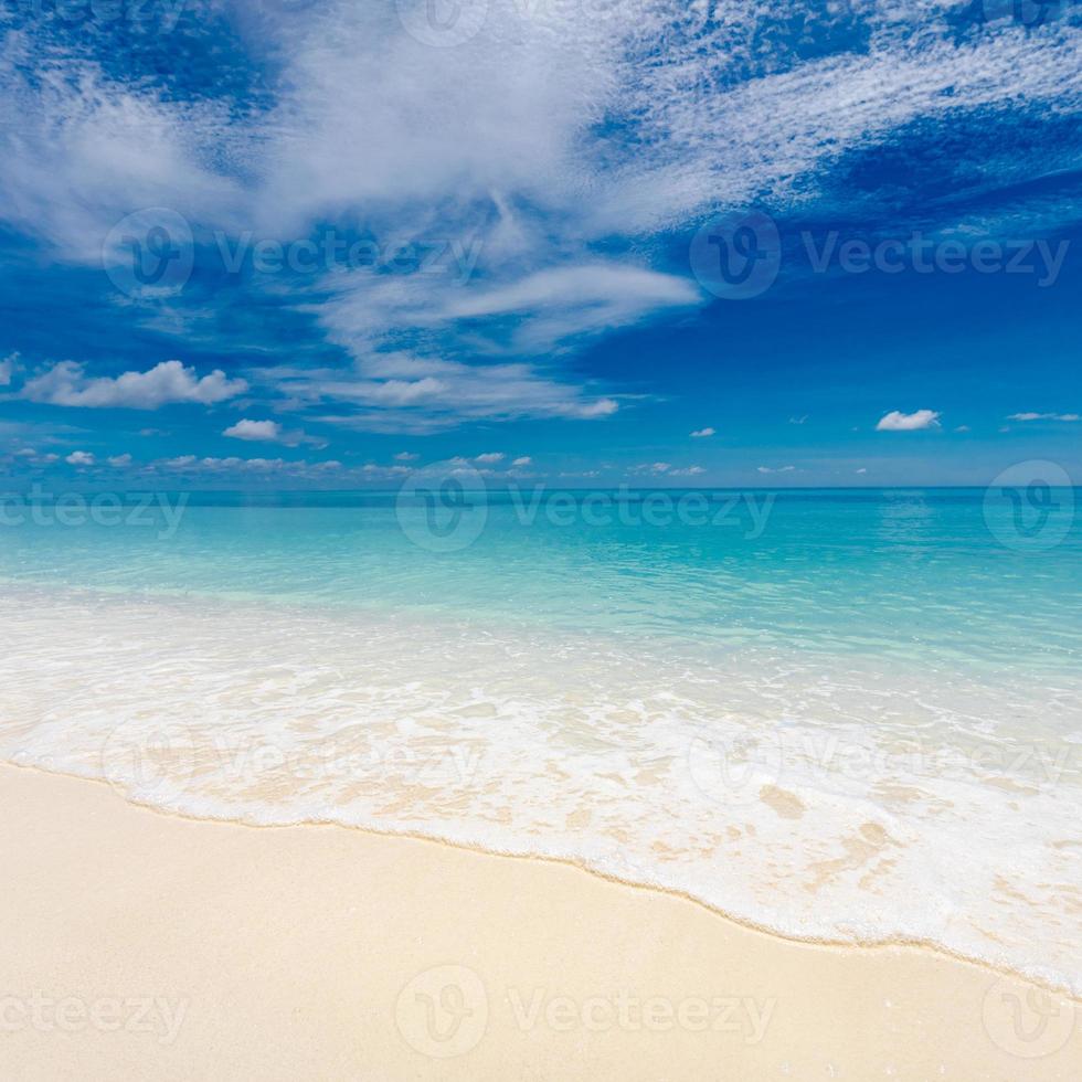 Tropical paradise beach with white sand and blue sea water travel tourism wide panorama background concept. Idyllic beach landscape, soft waves, peaceful nature scenery. Wonderful island coast, relax photo
