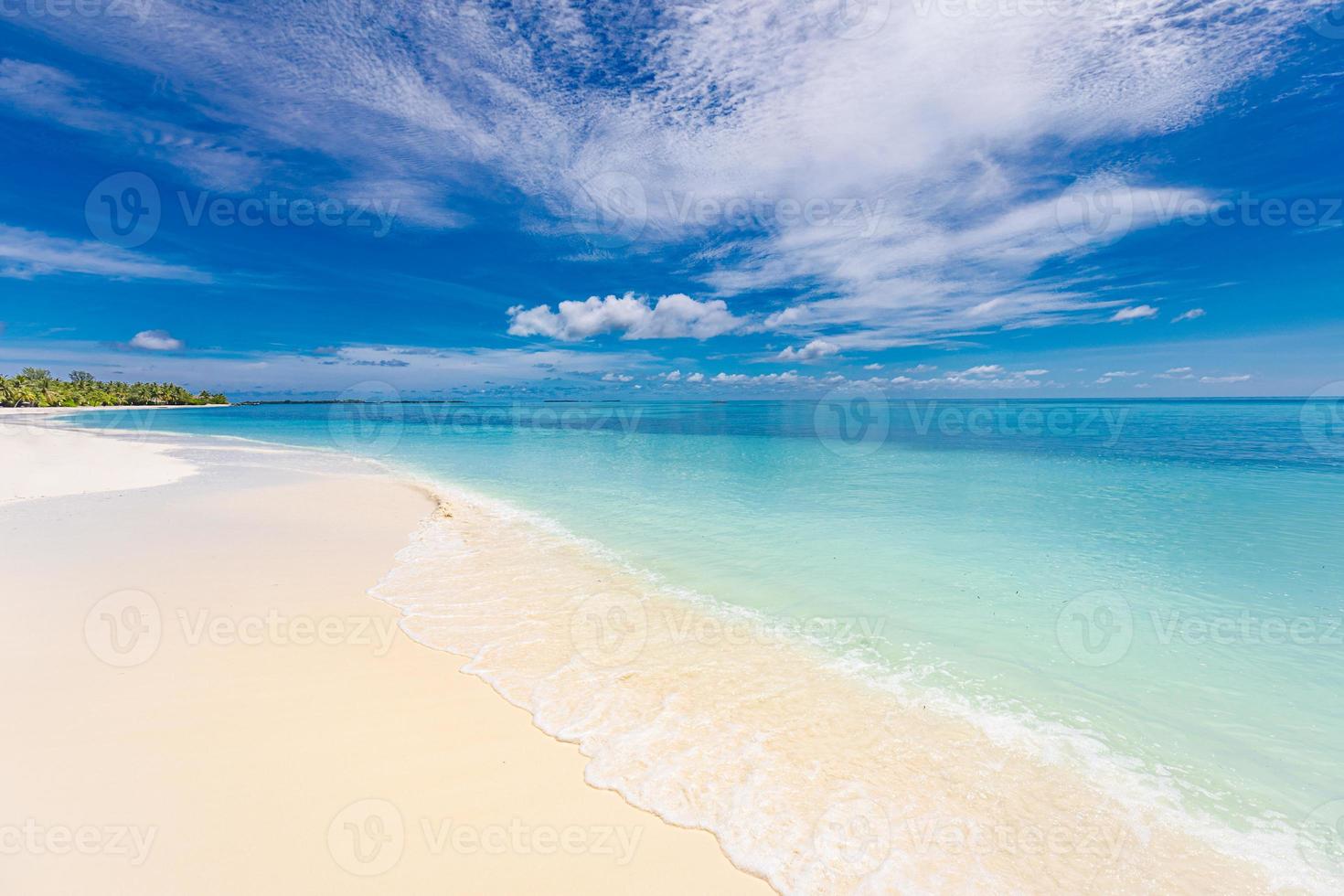 Tropical paradise beach with white sand and blue sea water travel tourism wide panorama background concept. Idyllic beach landscape, soft waves, peaceful nature scenery. Wonderful island coast, relax photo