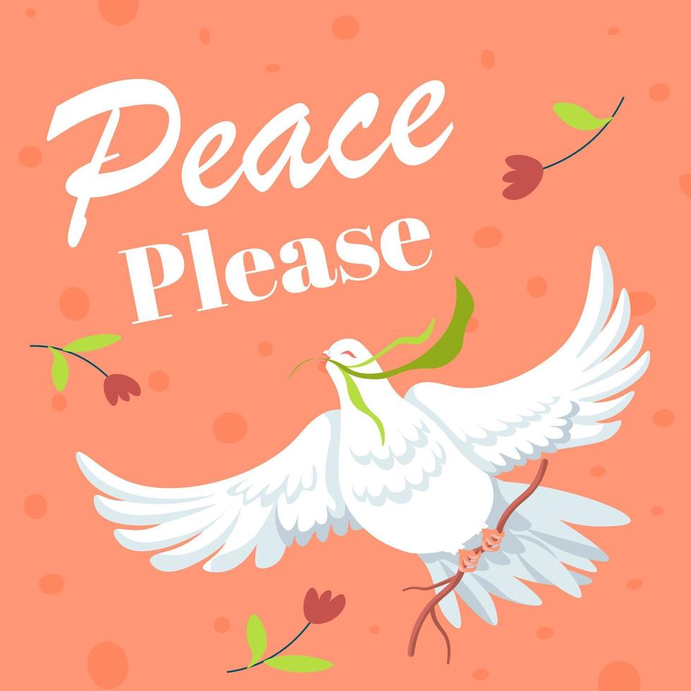 paz por favor, paloma blanca voladora con flor de rama vector