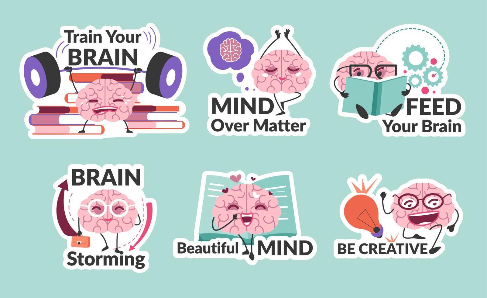 Sticker design set with flat brain character vector