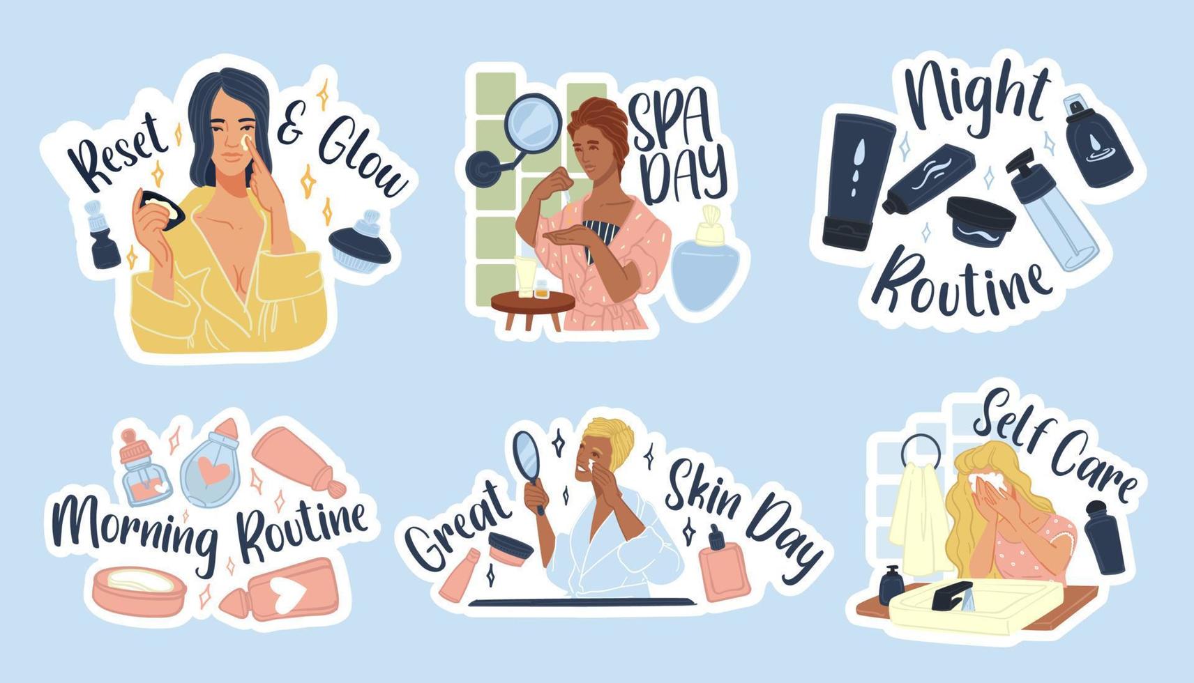 Sticker design set with woman skincare element vector