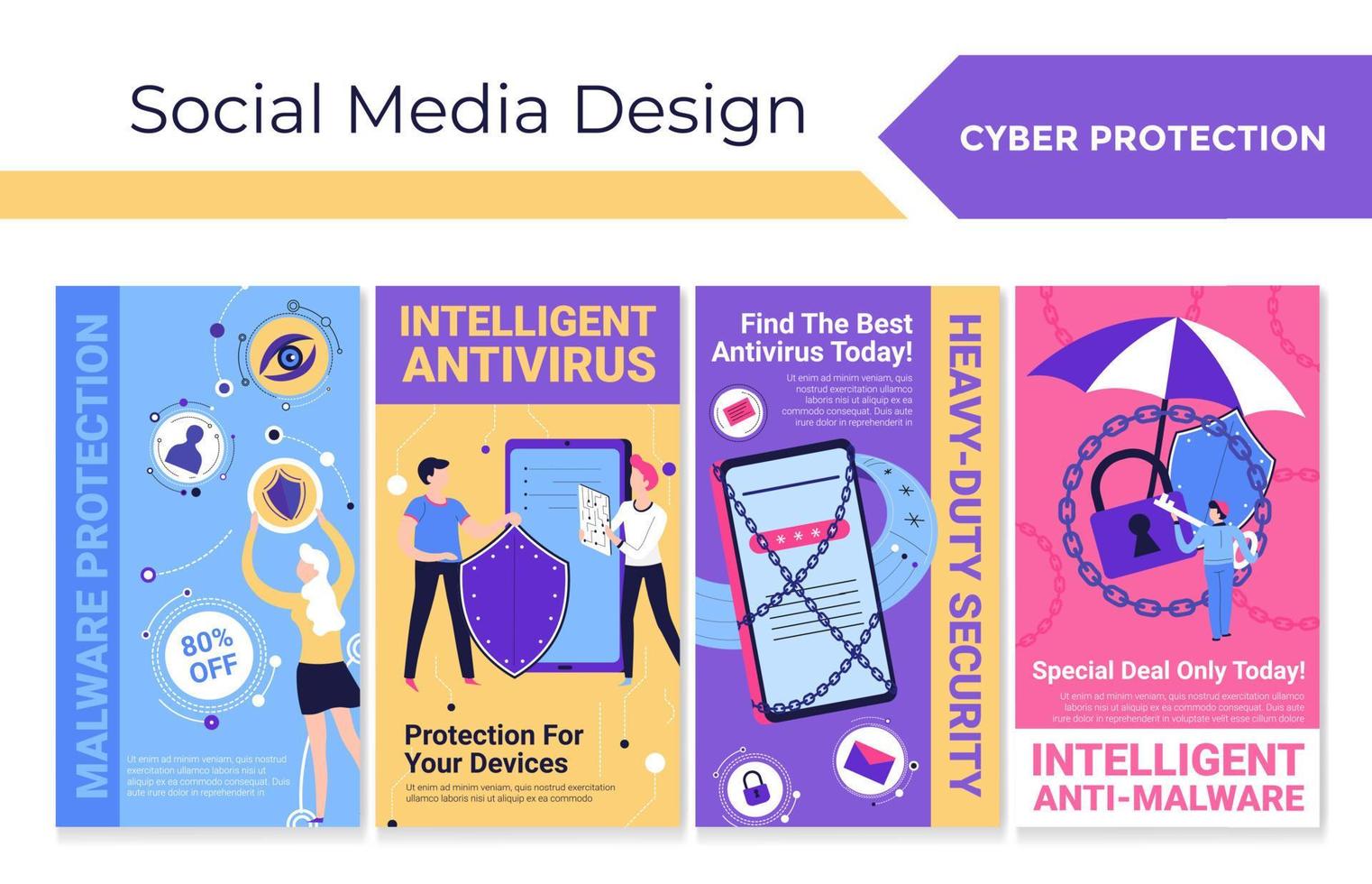 Cyber protection service promo at social media set vector