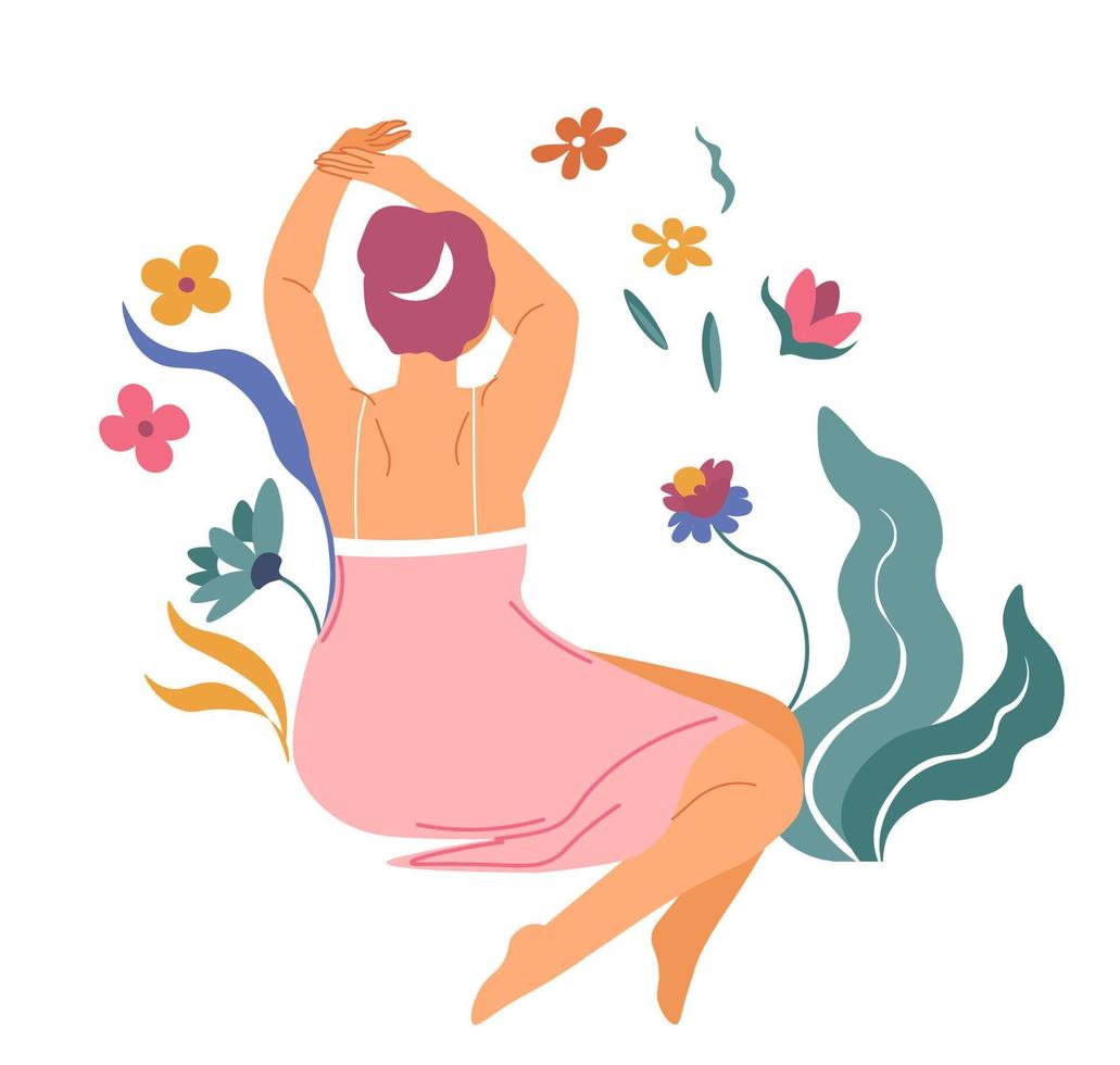 personaje femenino con vector de follaje y flores