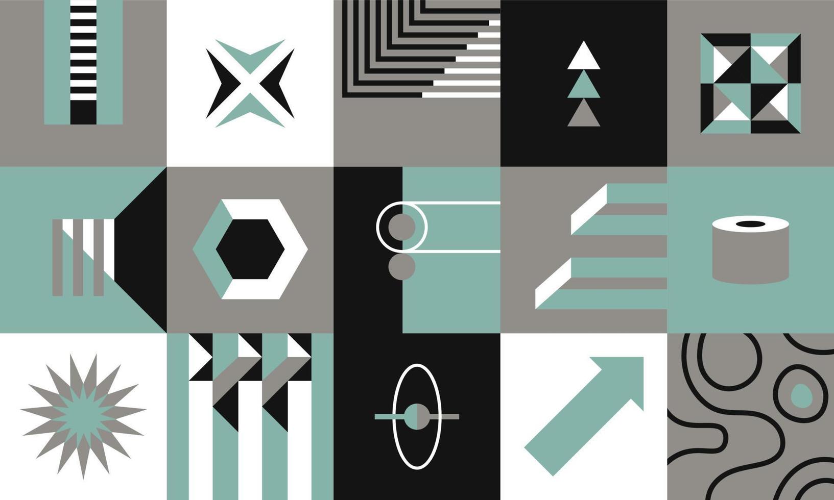 Geometric shapes and abstract forms in square, print or seamless pattern vector