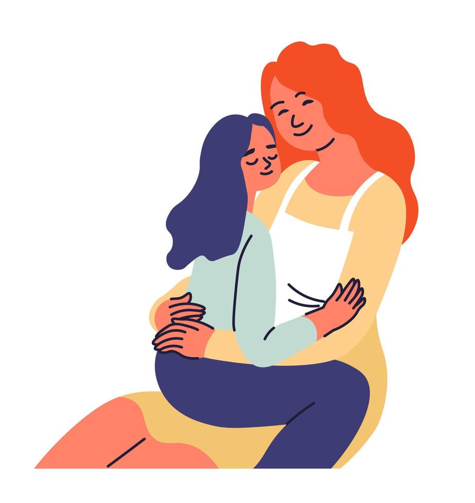 Daughter cuddling mother happy family relationship vector