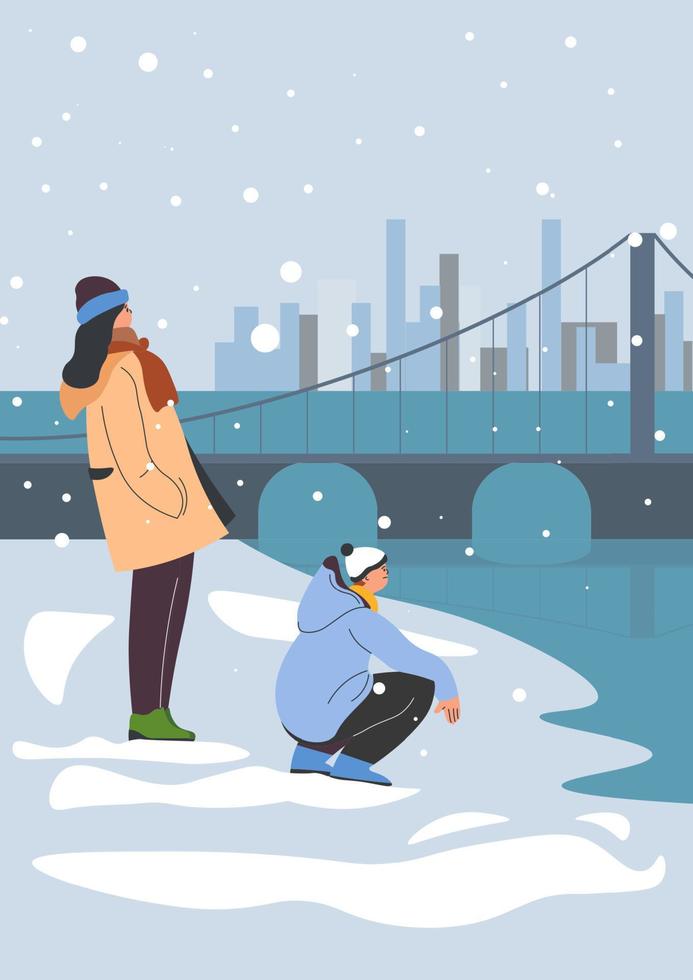 People enjoying winter lake landscape, cold frosty vector