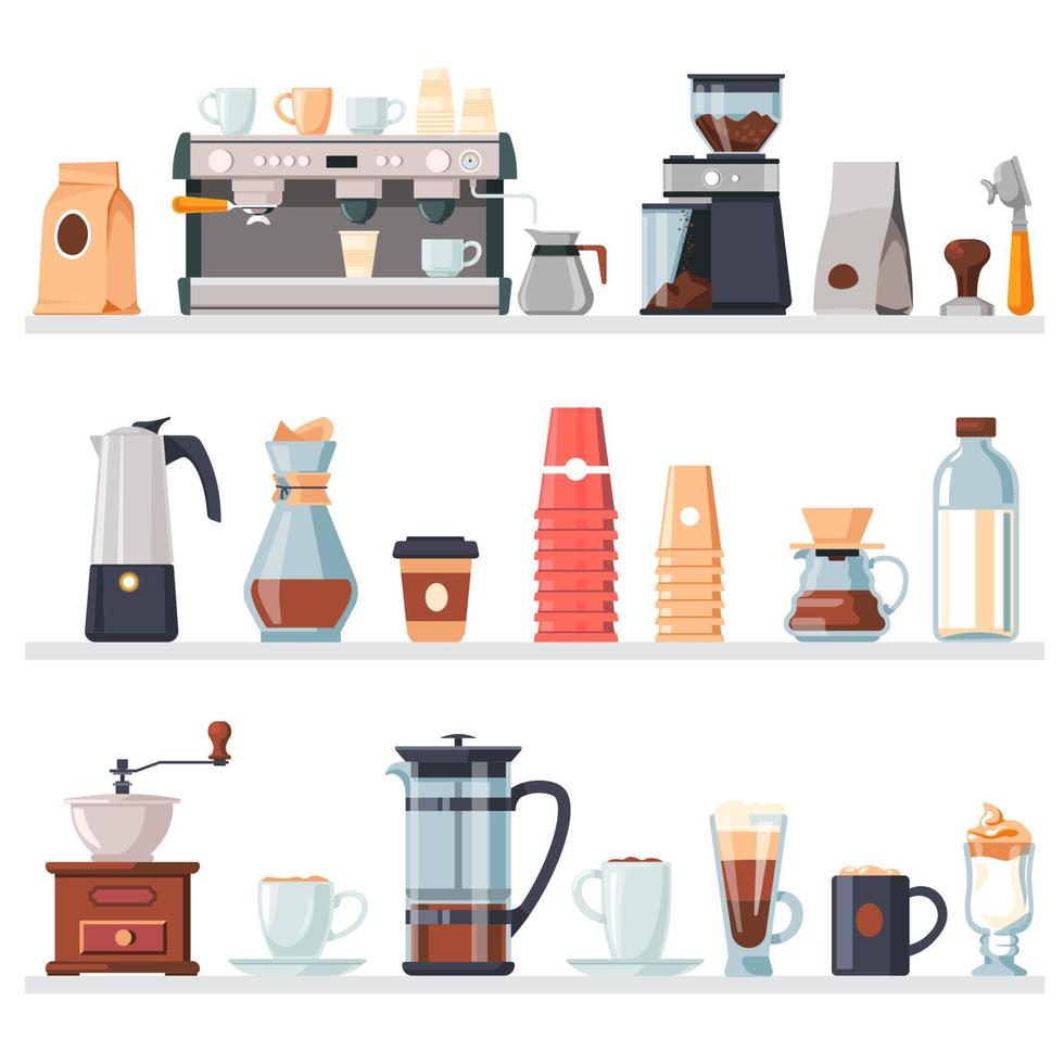 Coffee equipment, making hot beverage in cafe vector