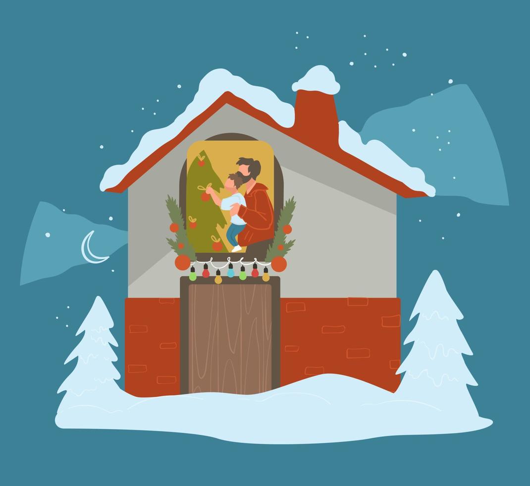 House with snowy rooftop, Christmas celebration vector