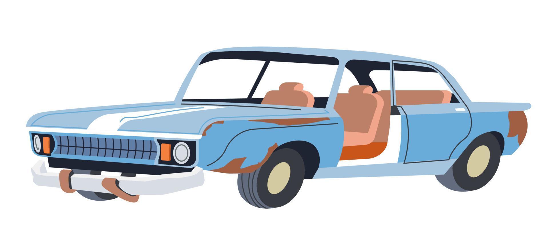 Destroyed or damaged automobile, rusty car vector